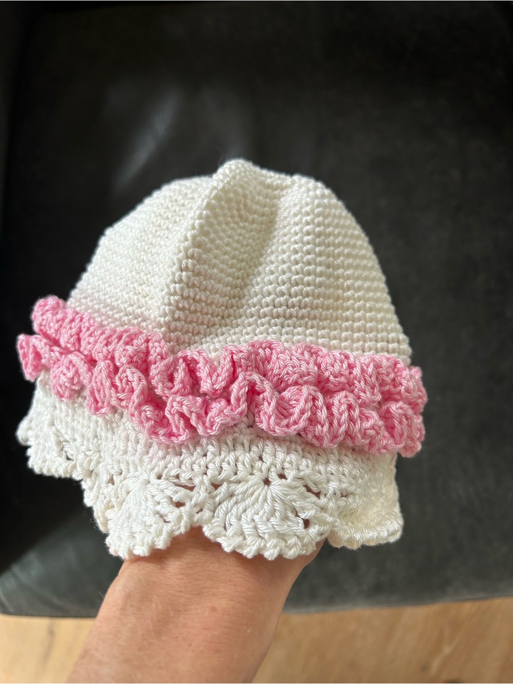 Kids Crochet Ruffle Beanie Hat - Pink & Cream